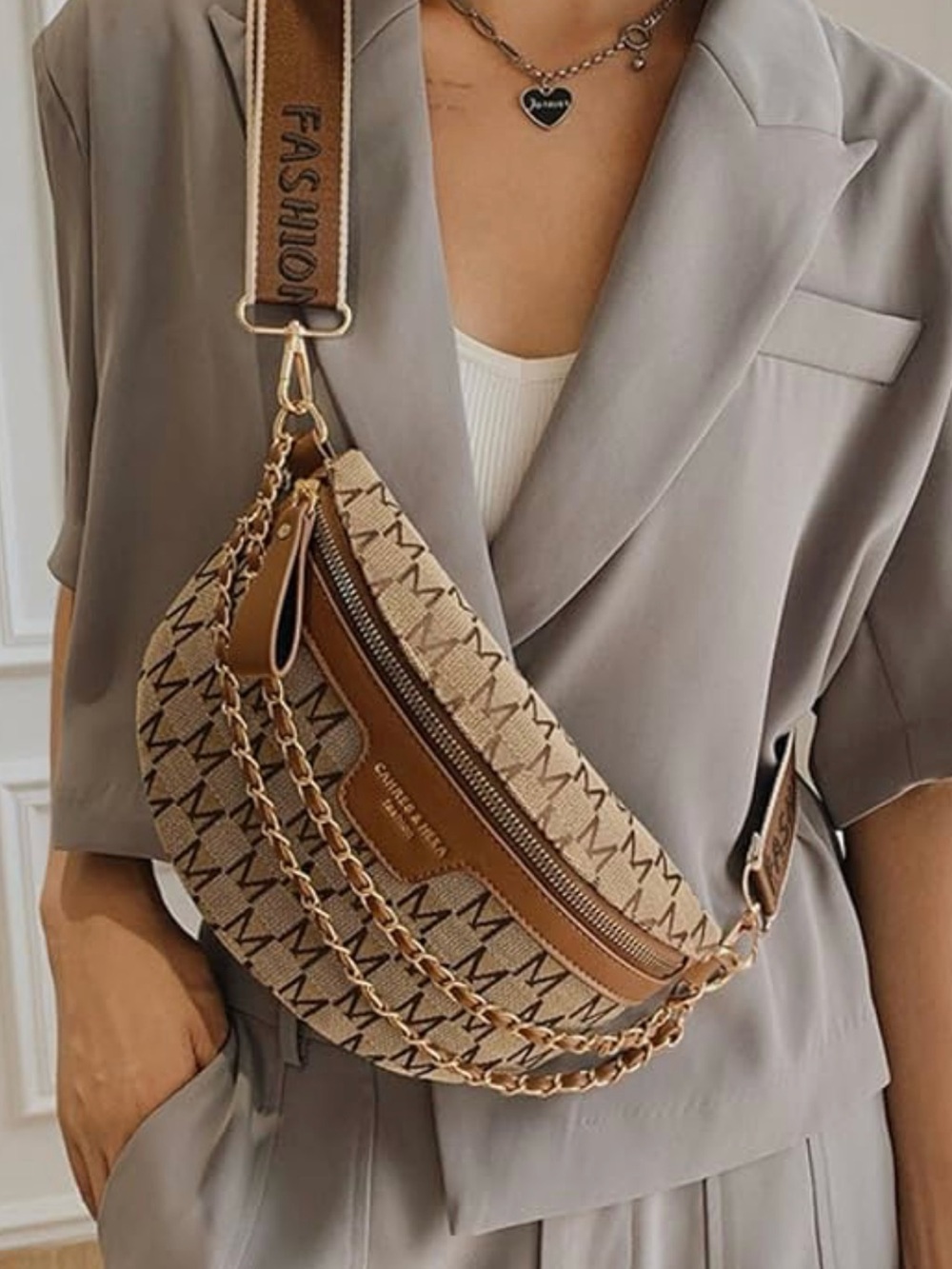 Beige Patterned Crossbody Sling Bag with Chain Accent by Cahres & Heka Fashion